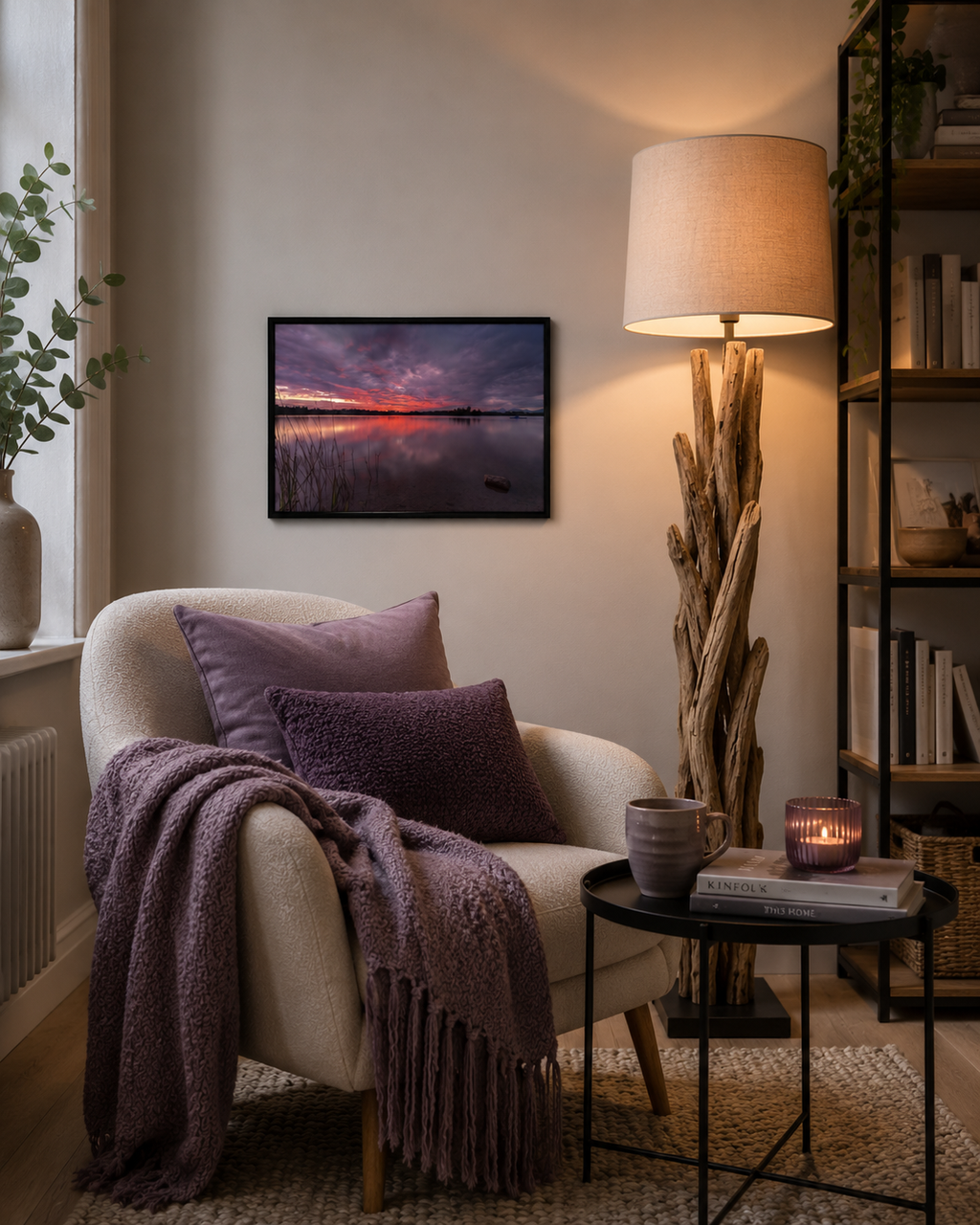 Gemütliche Leseecke mit cremefarbenem Sessel, violetten Kissen und passender Kuscheldecke. Neben dem Sessel steht eine Stehlampe aus naturbelassenem Treibholz und spendet warmes Licht. An der Wand hängt ein kleines Staffelsee-Poster im Format 30 × 45 cm im Querformat mit schwarzem Holzrahmen. Das Motiv zeigt einen farbenprächtigen Sonnenuntergang mit violett-rosa Wolken über dem ruhigen See. Ein Beistelltisch, Kerzenlicht und natürliche Materialien schaffen eine ruhige, wohnliche Atmosphäre, deren Farben ha