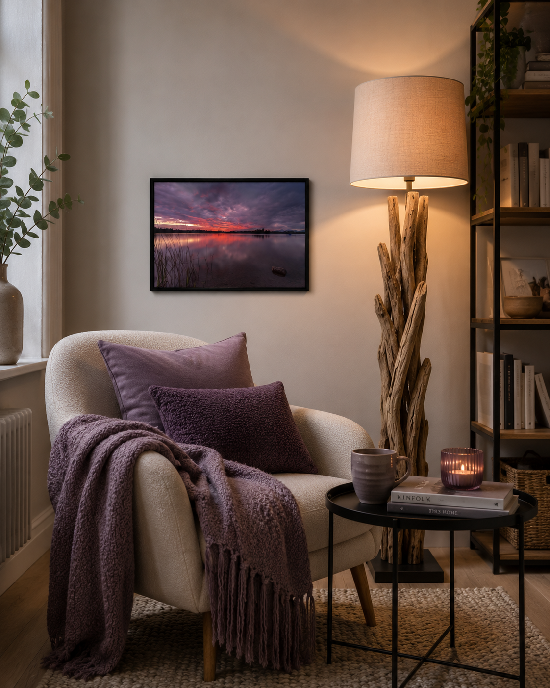 Gemütliche Leseecke mit cremefarbenem Sessel, violetten Kissen und passender Kuscheldecke. Neben dem Sessel steht eine Stehlampe aus naturbelassenem Treibholz und spendet warmes Licht. An der Wand hängt ein kleines Staffelsee-Poster im Format 30 × 45 cm im Querformat mit schwarzem Holzrahmen. Das Motiv zeigt einen farbenprächtigen Sonnenuntergang mit violett-rosa Wolken über dem ruhigen See. Ein Beistelltisch, Kerzenlicht und natürliche Materialien schaffen eine ruhige, wohnliche Atmosphäre, deren Farben ha