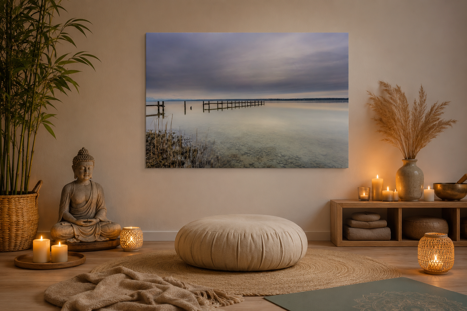 Ruhige Meditations- und Yogaecke in warmen Naturtönen mit großem Yogakissen auf einem runden Teppich. Eine sitzende Buddha-Figur, Kerzen und dezente Naturdekoration schaffen eine entspannte Atmosphäre. An der Wand hängt ein horizontales Acrylglasbild im Format 60x90 cm mit einer stillen Ammersee-Szene und langem Holzsteg über spiegelglattem Wasser. Sanftes Kerzenlicht, Bambus und natürliche Materialien verleihen dem Raum Harmonie, Gelassenheit und eine besondere
