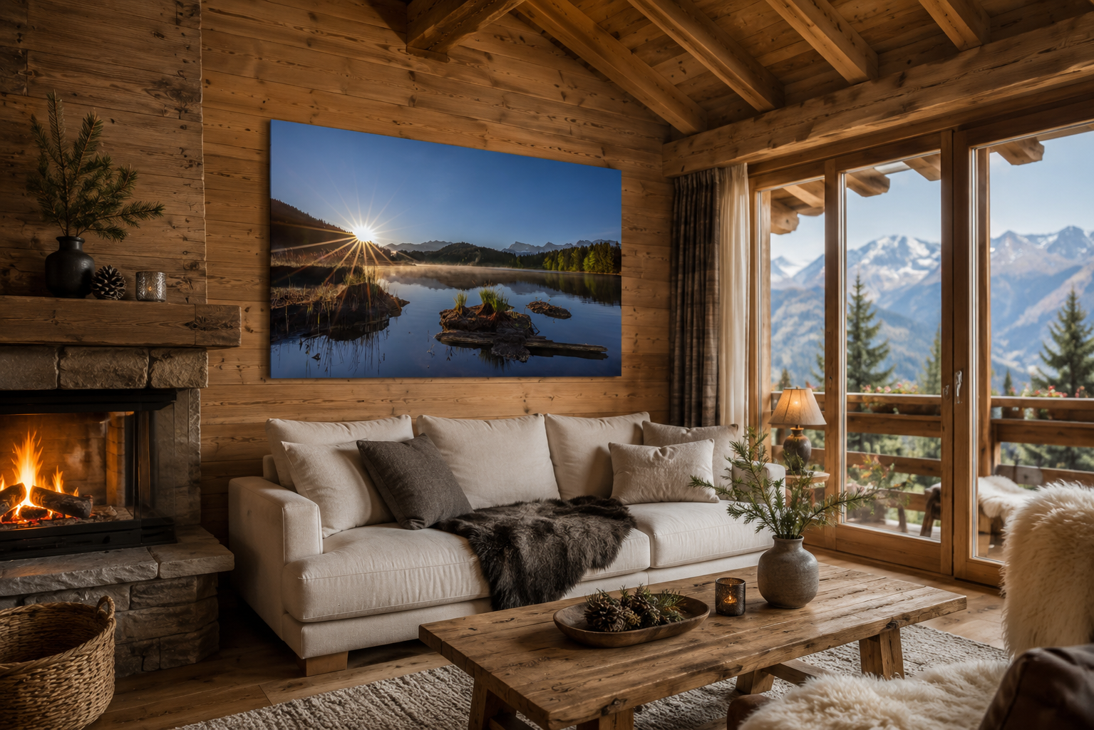 Gemütliches Chalet mit Wandbild Geroldsee bei Sonnenaufgang. Natürliche Einrichtung mit wohnlichem Ambiente und Bergblick