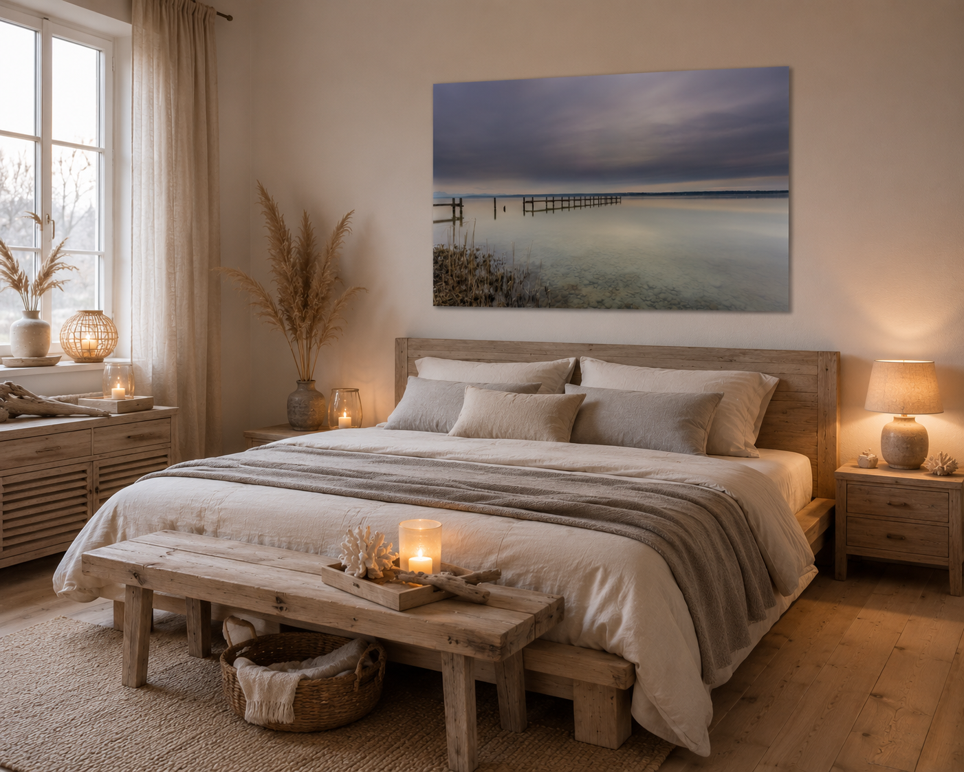Ruhiges Schlafzimmer im skandinavischen Naturstil mit hellem Holzboden und Möbeln aus naturbelassenem Holz. Über dem Bett hängt ein ungerahmtes Ammersee-Poster im Format 60 × 90 cm. Das Motiv zeigt einen stillen See mit verwittertem Steg, klarem Wasser und einem weiten, wolkenverhangenen Himmel in sanften Grau-, Beige- und Blautönen. Helle Bettwäsche, warme Beleuchtung, natürliche Materialien und dezente maritime Dekoration schaffen eine entspannte Atmosphäre voller Ruhe, Geborgenheit und zeitloser Eleganz.