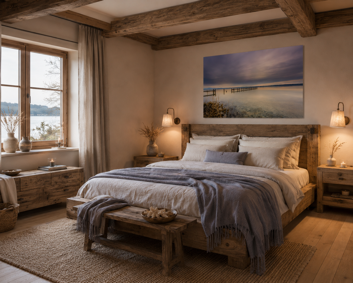 Gemütliches Schlafzimmer im hochwertigen Naturstil mit massivem Balkenbett, naturbelassenen Holzmöbeln und sichtbaren Deckenbalken. Über dem Bett hängt ein großes, ungerahmtes Leinwandbild des Ammersees im Format 70 × 100 cm in horizontaler Ausrichtung. Das Motiv zeigt einen verwitterten Steg in der stillen Weite des Sees unter einem sanft bewölkten Himmel. Eine Baumwoll-Decke in zarten Grau-Blau-Tönen greift die Farben des Himmels auf und harmoniert mit den natürlichen Beige- und Holztönen des Raumes. Ein 