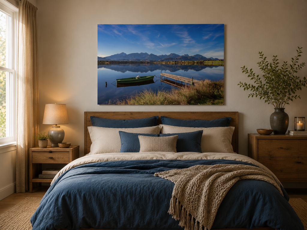 Gemütliches Schlafzimmer mit Naturholz, Leinenbettwäsche und warmem Licht. Über dem Bett hängt das ungerahmte Poster vom Hopfensee im Format 60 × 90 cm horizontal. Die Spiegelung des Sees und die Bergkulisse verleihen dem Raum Ruhe und Weite.