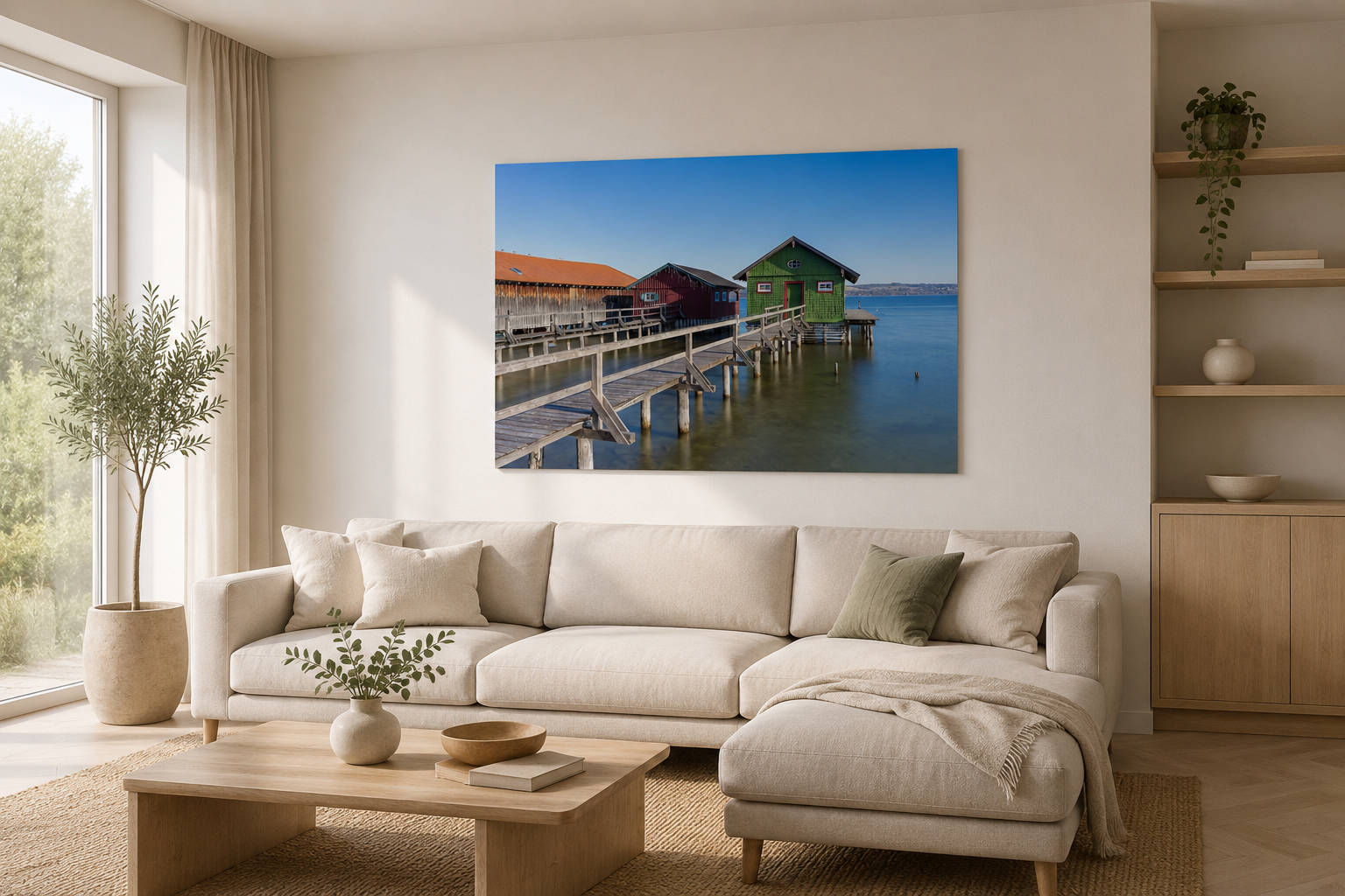 bunte Bootshäuser in Schondorf am Ammersee, blaues ruhiges Wasser und blauer Himmel