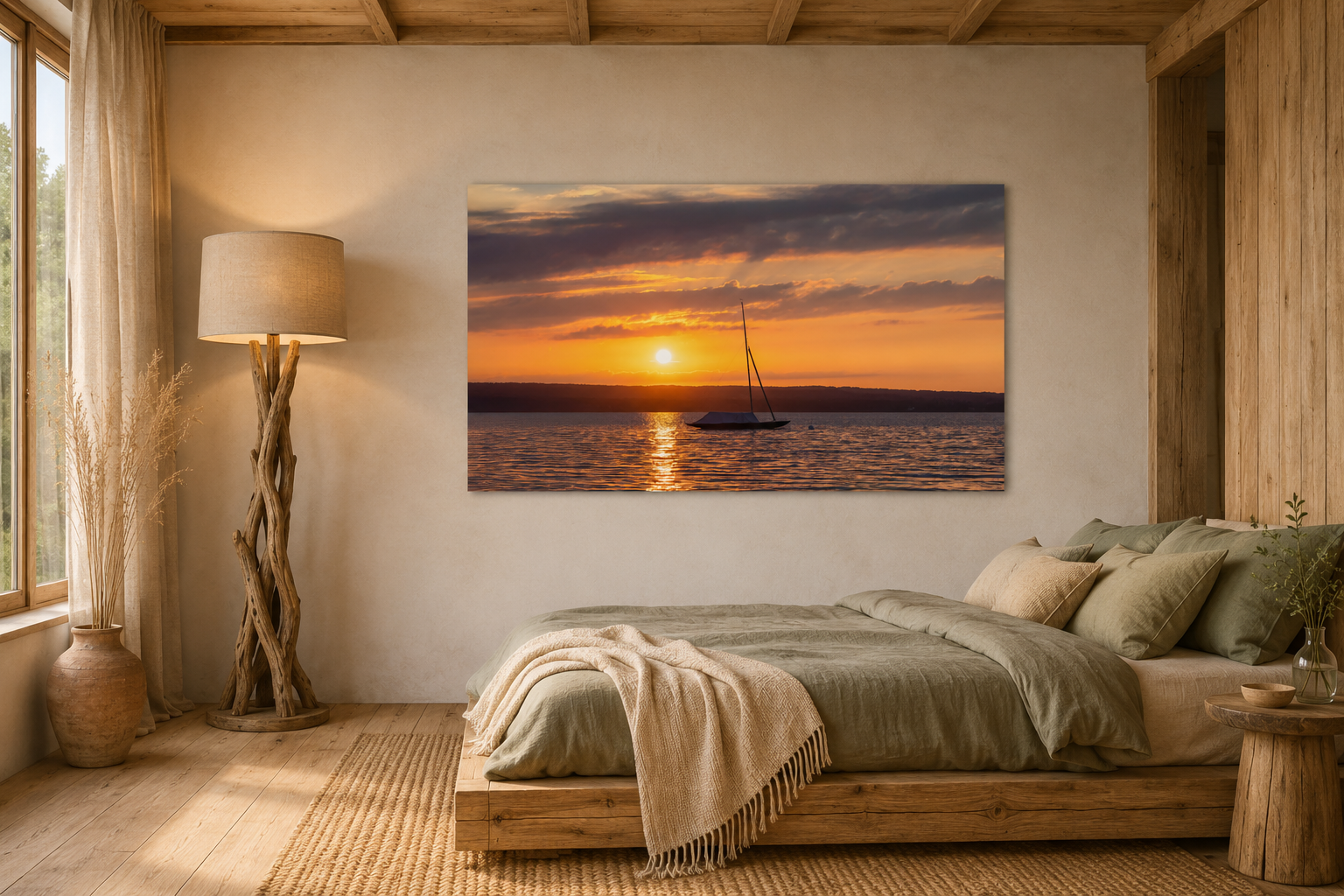Premium Matt Poster „Ammersee Sonnenuntergang“ von Christina Bauer Photos. Ein einzelnes Segelboot liegt ruhig auf dem Wasser des Ammersees, während die untergehende Sonne den Himmel in warme Orange-, Gold- und sanfte Violetttöne taucht. Das Licht spiegelt sich auf der Wasseroberfläche und schafft eine ruhige, stimmungsvolle Atmosphäre voller Weite, Sommergefühl und natürlicher Eleganz.
