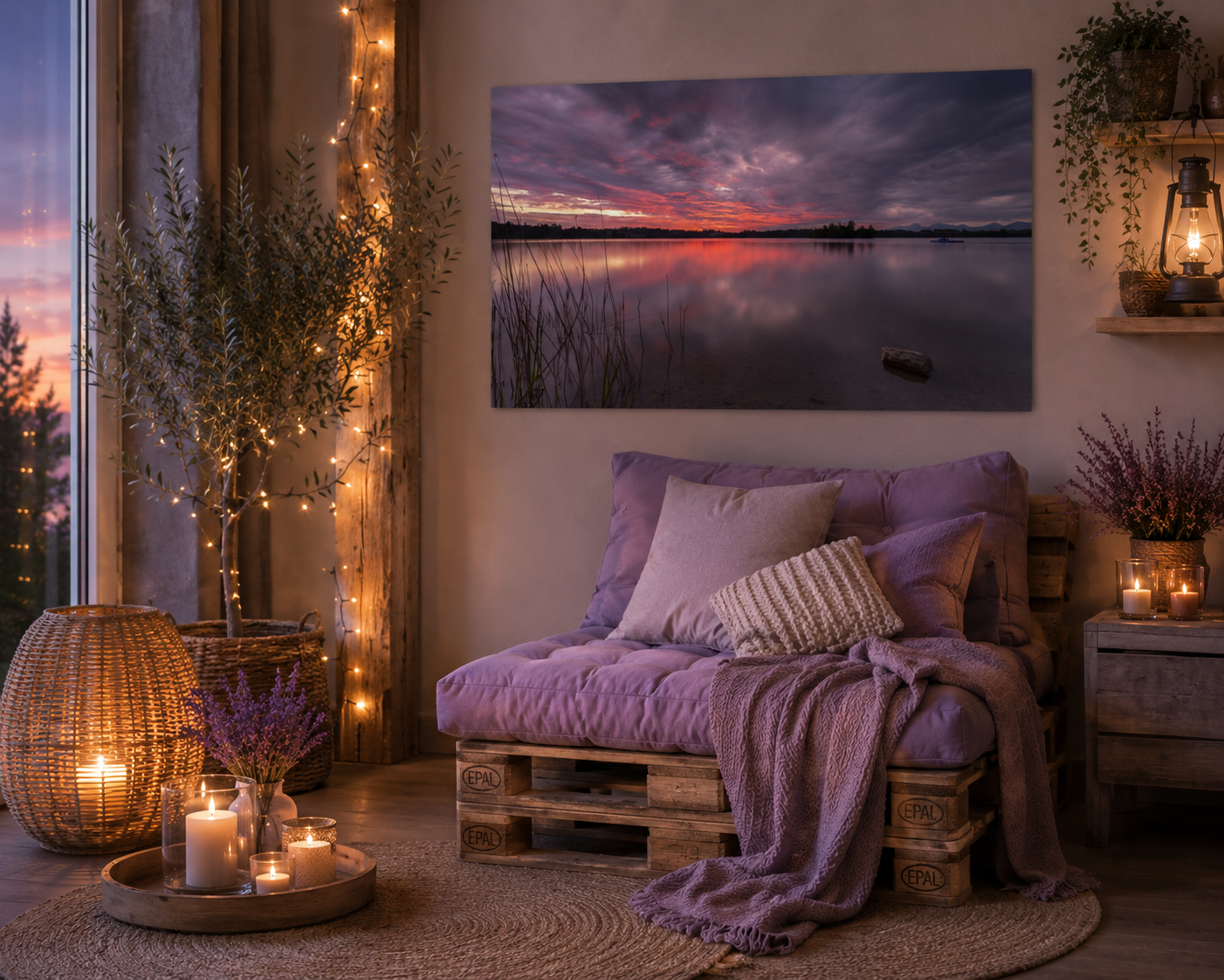 Gemütliche Wohnecke mit einem Palettensessel aus Naturholz und zartlila Polstern, dekoriert mit passenden Kissen und einer weichen Decke. Warmes Licht von Kerzen und einer geflochtenen Bodenlampe schafft eine behagliche Atmosphäre. Über dem Sessel hängt ein horizontales Wandbild mit einer dramatischen Abendstimmung am Staffelsee, dessen violette, rosafarbene und orangefarbene Himmelsreflexe sich harmonisch in der Raumgestaltung wiederfinden. Naturmaterialien, Holzdetails und sanfte Farbtöne verleihen dem Ra