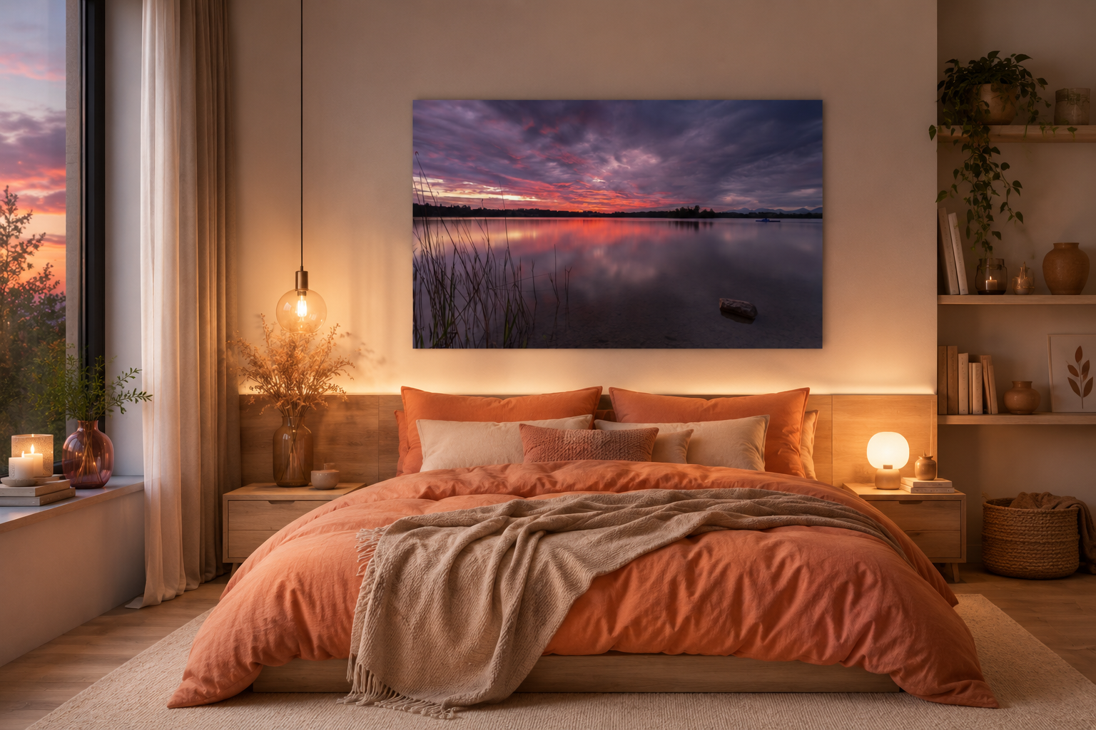 Modernes Schlafzimmer mit warmem, behaglichem Licht und naturbelassenen Holzmöbeln. Über dem Bett hängt ein horizontales Wandbild im Format 40 × 60 cm, das einen beeindruckenden Sonnenuntergang am Staffelsee zeigt. Die Bettwäsche in warmen Apricot- und Orangetönen harmoniert mit den leuchtenden Farben des Himmels im Motiv. Dezente Naturdekoration, weiche Textilien und sanfte Lichtquellen schaffen eine ruhige, einladende Atmosphäre, die zum Entspannen und Wohlfühlen einlädt.