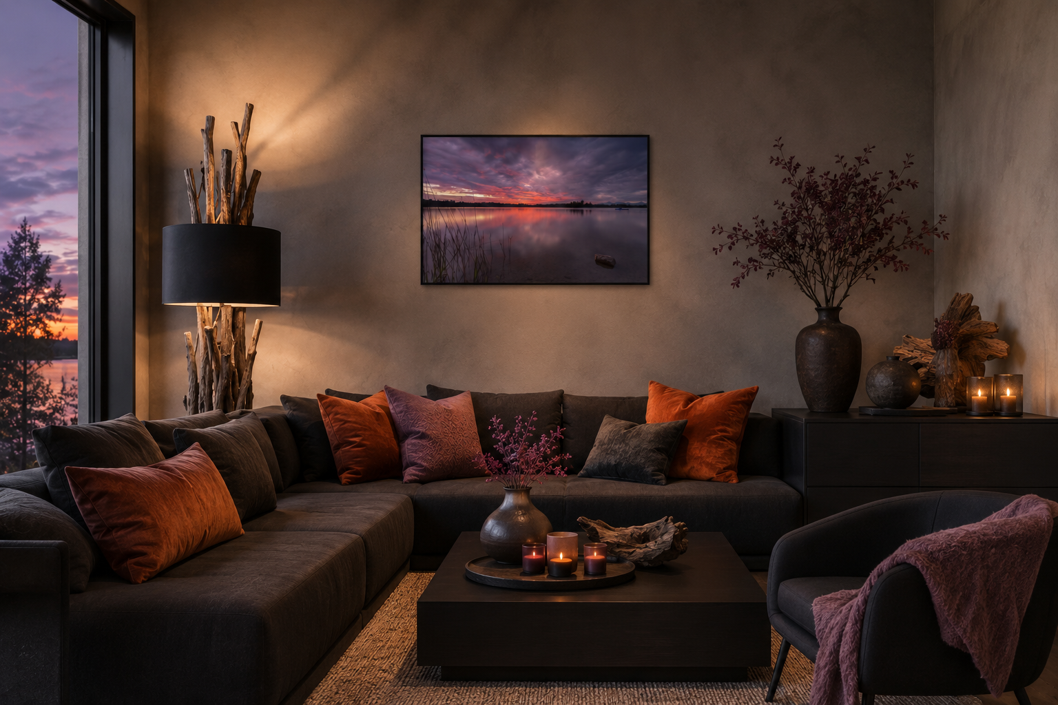 Stilvoller Wohnraum mit naturbelassenen Balkenmöbeln und einer markanten Treibholzlampe. Über dem Sofa hängt ein horizontales Wandbild im Format 40 × 60 cm, das einen farbenprächtigen Sonnenuntergang über einem ruhigen See zeigt. Kissen und Dekorationen in warmen Orange-, Rosé- und Violetttönen greifen die Farben des Motivs auf und schaffen ein harmonisches Gesamtbild. Natürliche Materialien, sanftes Licht und ausgewählte Wohnaccessoires verleihen dem Raum eine exklusive, wohnliche Atmosphäre mit elegantem 