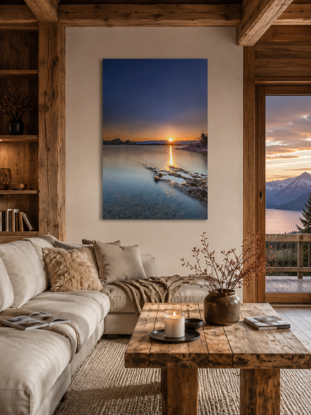 Sommerlicher Sonnenuntergang am Staffelsee in Oberbayern. Die tief stehende Sonne berührt den Horizont und spiegelt sich als goldener Lichtstreifen auf dem ruhigen, durch Langzeitbelichtung weich wirkenden Wasser. Im Vordergrund ragen strukturierte Felsen ins klare Uferwasser, rechts ist eine kleine Kapelle auf einer Landzunge zu sehen. Der Himmel leuchtet in warmen Orange- und kühlen Blautönen und vermittelt eine friedliche Abendstimmung.