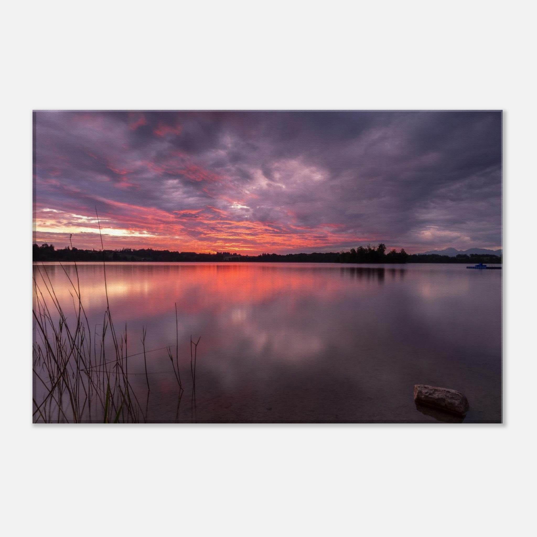 Leinwandbild „Gewitterstimmung am Staffelsee“ mit dramatischem Abendhimmel über dem oberbayerischen See. Dunkle violettgraue Gewitterwolken ziehen über das ruhige Wasser, während am Horizont intensive Rosa-, Orange- und Lilatöne aufleuchten. Die Farben spiegeln sich sanft auf der glatten Wasseroberfläche. Im Vordergrund ragen Schilfhalme und ein einzelner Stein aus dem klaren Wasser. Die stimmungsvolle Langzeitaufnahme vermittelt Ruhe, Weite und die besondere Atmosphäre eines Sommerabends vor einem Gewitter