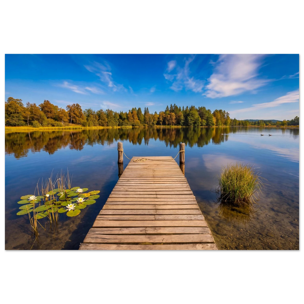 Hölzerner Steg an einem stillen Waldsee in Oberbayern. Weiße Seerosen und Schilf säumen das klare Wasser im Vordergrund, während sich die warmen Farben des Spätsommers am gegenüberliegenden Ufer zeigen. Goldene Laubbäume und dunkle Tannen spiegeln sich zusammen mit den zarten Wolken des tiefblauen Himmels auf der ruhigen Wasseroberfläche. Die harmonische Landschaft vermittelt Ruhe, Weite und die Schönheit eines friedlichen Tages in der Natur.