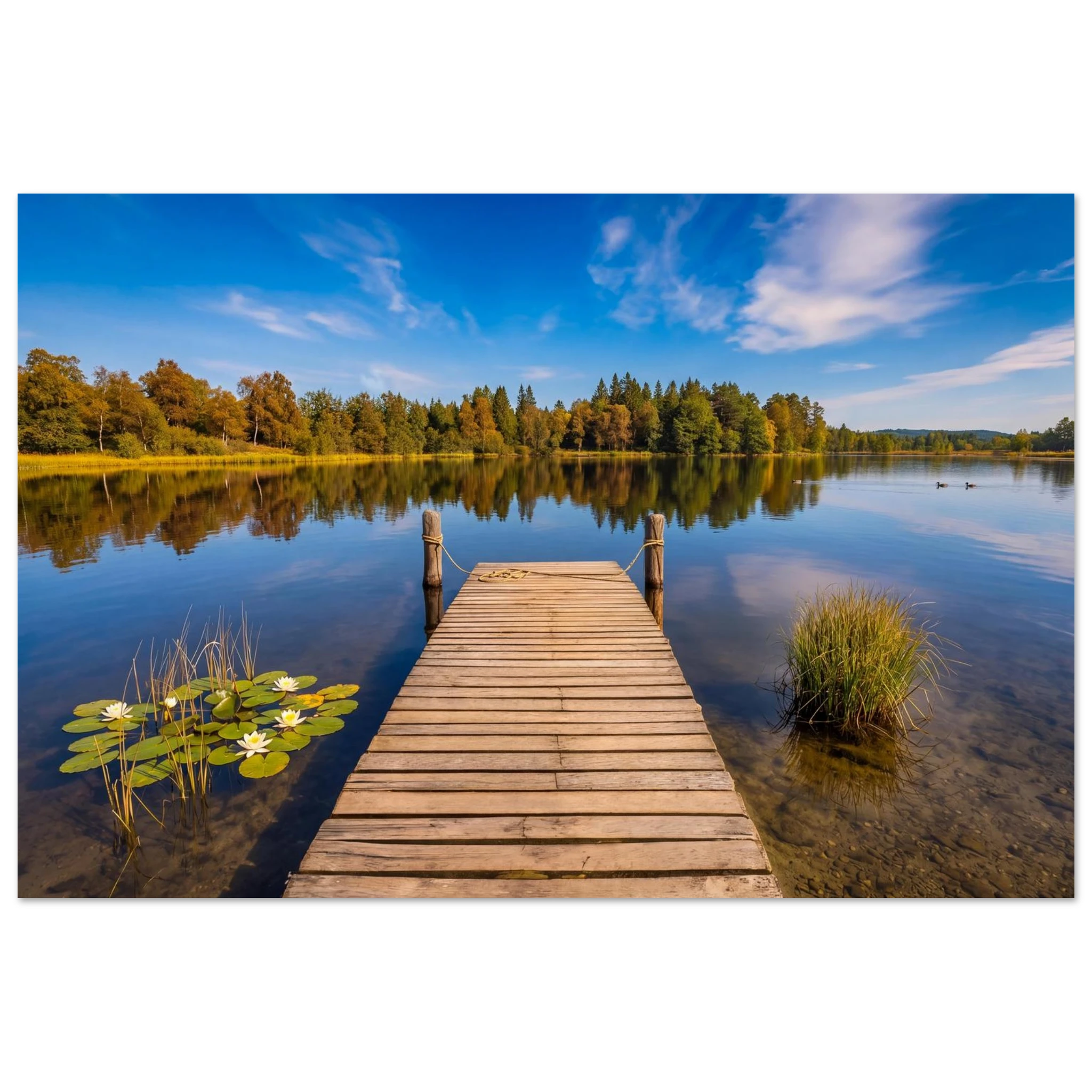 Hölzerner Steg an einem stillen Waldsee in Oberbayern. Weiße Seerosen und Schilf säumen das klare Wasser im Vordergrund, während sich die warmen Farben des Spätsommers am gegenüberliegenden Ufer zeigen. Goldene Laubbäume und dunkle Tannen spiegeln sich zusammen mit den zarten Wolken des tiefblauen Himmels auf der ruhigen Wasseroberfläche. Die harmonische Landschaft vermittelt Ruhe, Weite und die Schönheit eines friedlichen Tages in der Natur.