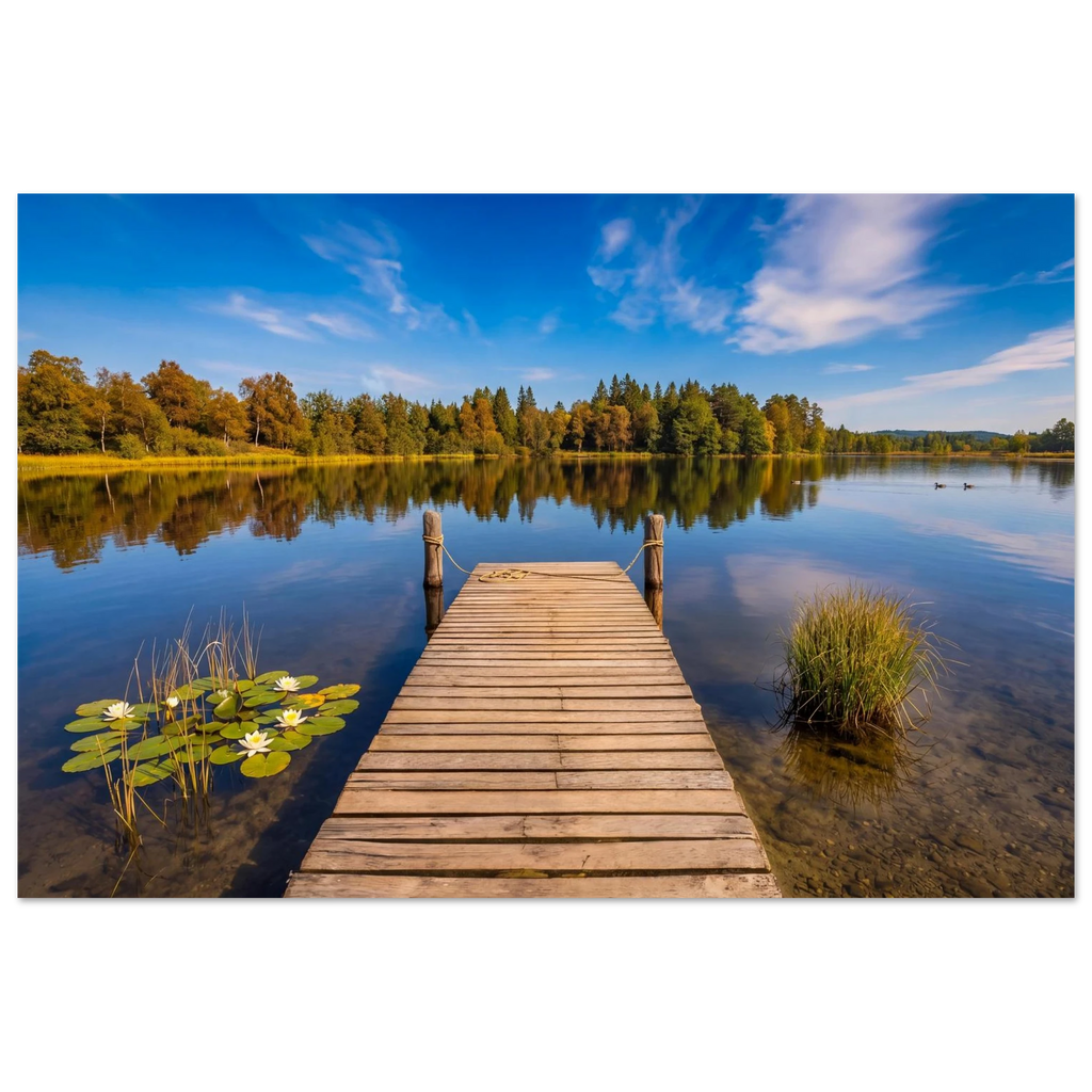 Hölzerner Steg an einem stillen Waldsee in Oberbayern. Weiße Seerosen und Schilf säumen das klare Wasser im Vordergrund, während sich die warmen Farben des Spätsommers am gegenüberliegenden Ufer zeigen. Goldene Laubbäume und dunkle Tannen spiegeln sich zusammen mit den zarten Wolken des tiefblauen Himmels auf der ruhigen Wasseroberfläche. Die harmonische Landschaft vermittelt Ruhe, Weite und die Schönheit eines friedlichen Tages in der Natur.