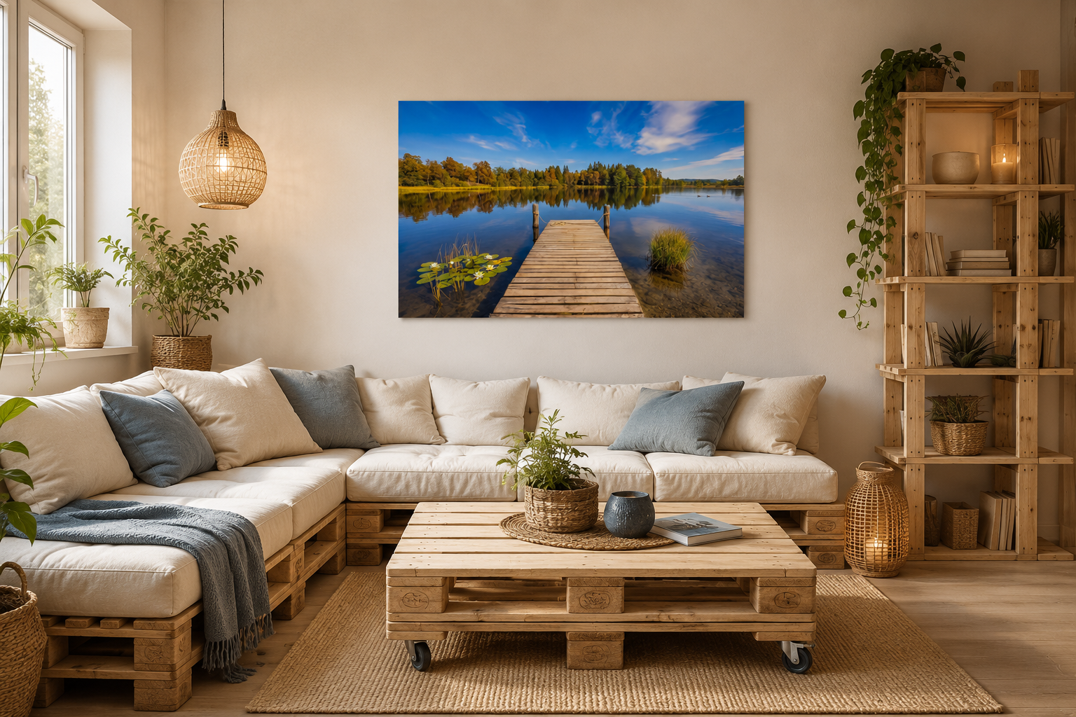 Gemütlicher Wohnraum mit Palettenmöbeln aus hellem Naturholz. Ein großes, naturfarben gepolstertes Palettensofa mit weichen Kissen steht auf einem warmen Holzboden. Natürliche Dekorationen aus Korbgeflecht, Zimmerpflanzen und sanftes Licht schaffen eine ruhige Atmosphäre. An der Wand hängt ein ungerahmtes Poster im Format 40 x 60 cm mit einer idyllischen Waldsee-Landschaft in Oberbayern. Der hölzerne Steg, das klare Wasser, die Seerosen und die goldenen Spätsommerfarben harmonieren perfekt mit den natürlich