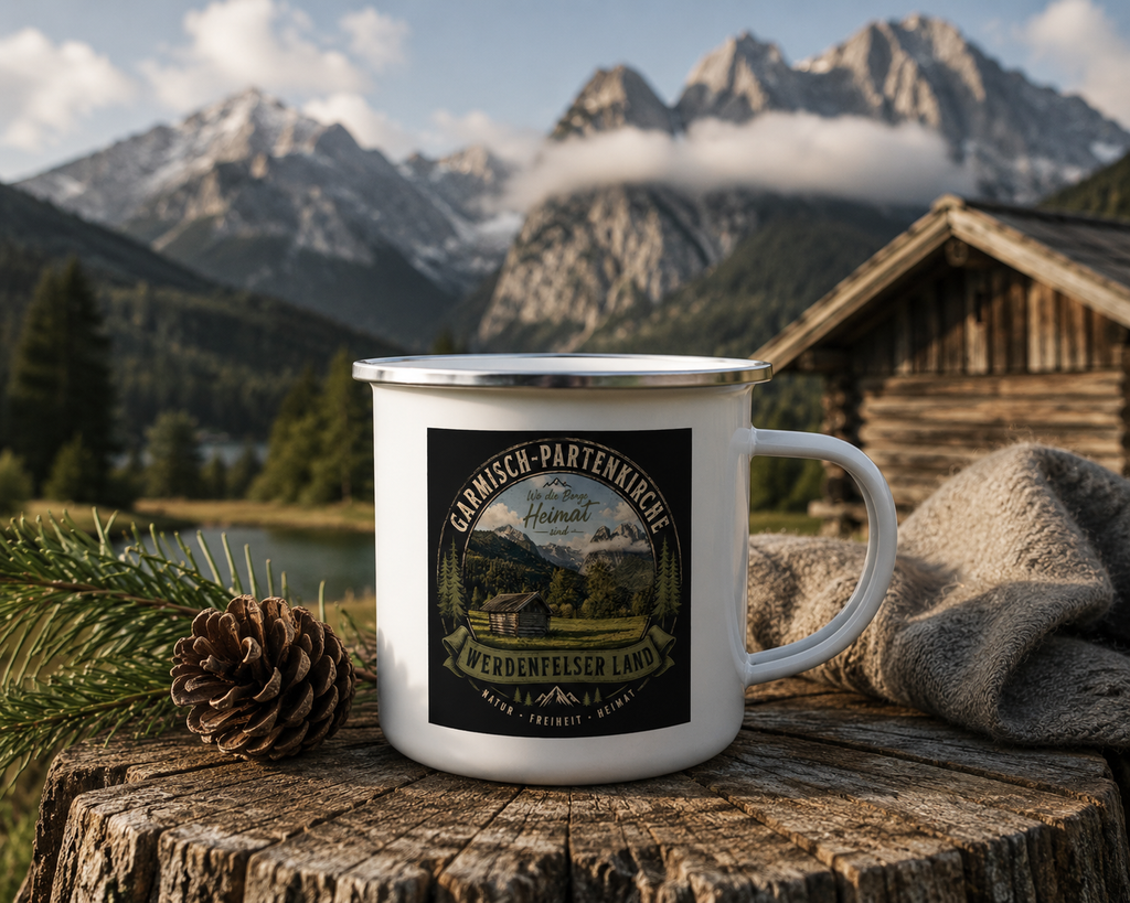 Emaille-Tasse mit Vintage-Design „Werdenfelser Land“, inspiriert von Garmisch-Partenkirchen und der Alpenlandschaft – aus der Werdenfels Collection by Christina Bauer.