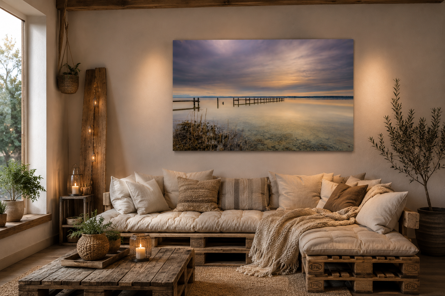 Gemütlicher Wohnraum im natürlichen Chalet- und Boho-Stil mit rustikalem Palettensofa, weichen Kissen in Beige- und Sandtönen sowie ursprünglichen Holzmöbeln aus Altholz. Über dem Sofa hängt ein großes, horizontales Wandbild im Format 70 × 100 cm mit einer ruhigen Ammersee-Landschaft, einem langen Holzsteg und spiegelglattem Wasser unter einem sanft bewölkten Himmel. Kerzenlicht, Naturfasern, Pflanzen und warme Holzelemente greifen die zarten Farben des Motivs auf und schaffen eine entspannte, harmonische W