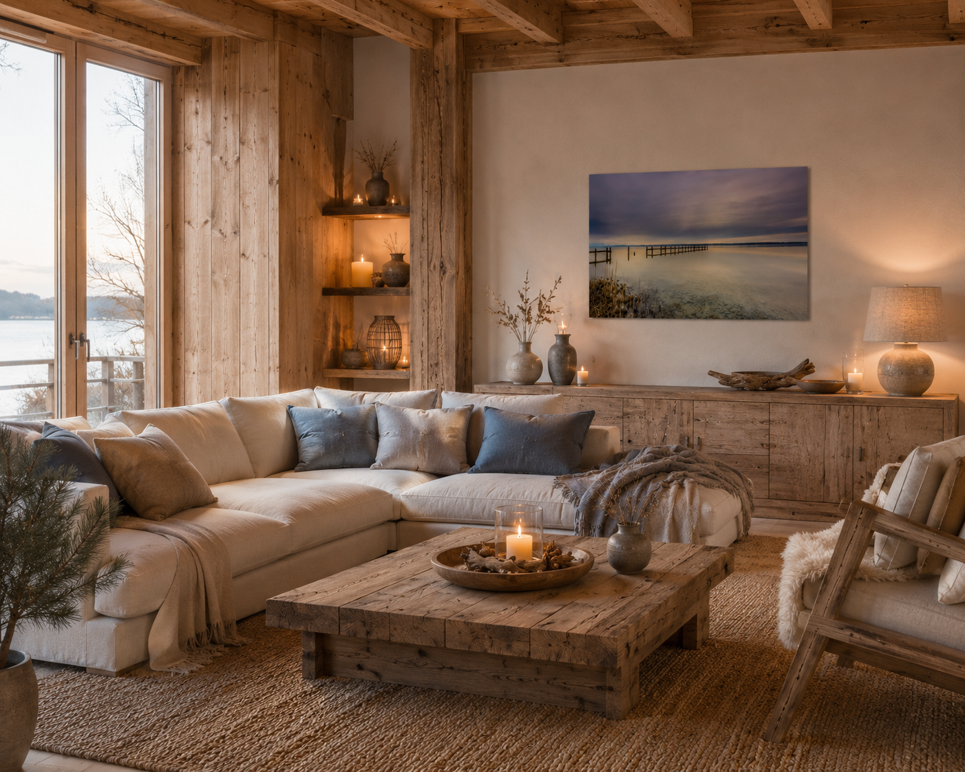 Elegantes Wohnzimmer im alpinen Naturstil mit viel naturbelassenem Holz, warmen Erdtönen und einer gemütlichen, hochwertigen Atmosphäre. Ein großes Sofa mit Kissen in sanften Grau-, Beige- und Taupetönen sowie eine weiche Wolldecke greifen die Farben des Ammersee-Motivs auf. Über einem rustikalen Sideboard hängt ein ungerahmtes Leinwandbild im Format 40 × 60 cm. Das Motiv zeigt die stille Weite des Ammersees mit einem verwitterten Steg unter einem dramatischen Himmel. Kerzenlicht, natürliche Materialien und