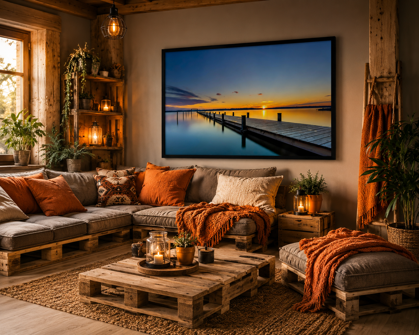 Gemütliches Wohnzimmer mit Palettenmöbeln aus naturbelassenem Holz, weichen Sitzpolstern und zahlreichen Kuscheldecken in warmen Orangetönen. Pflanzen, Kerzen und rustikale Holzregale schaffen eine wohnliche Atmosphäre. Über der Sitzlandschaft hängt ein großes horizontales Poster mit schwarzem Holzrahmen. Das Motiv zeigt einen langen Steg auf einem ruhigen See bei Sonnenuntergang. Die warmen Orange- und Goldtöne des Himmels spiegeln sich in der Dekoration des Raumes wider und sorgen für ein harmonisches, be