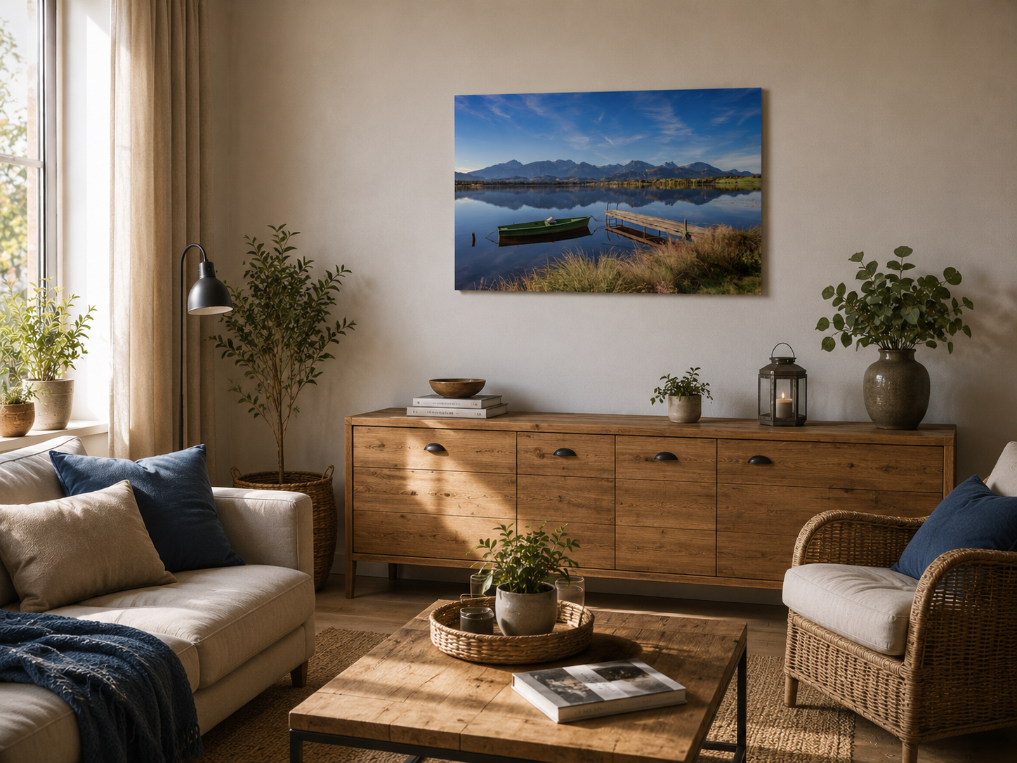 Modernes Wohnzimmer mit Naturholzmöbeln und hellen Textilien. Über einem Sideboard hängt das ungerahmte Hopfensee-Poster im Format 40 × 60 cm horizontal. Die Blau- und Naturtöne des Motivs sorgen für eine ruhige und harmonische Wirkung.