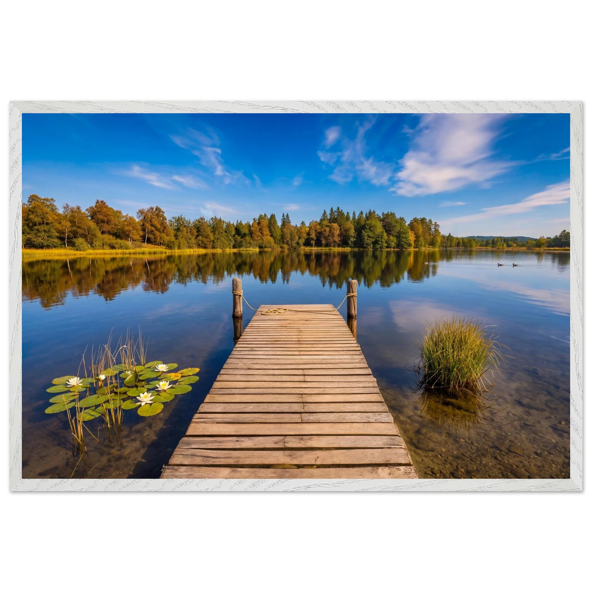 Hölzerner Steg an einem ruhigen Waldsee in Oberbayern während des Spätsommers. Weiße Seerosen und Schilf wachsen am klaren Uferwasser, während sich die goldenen Farben der Bäume am gegenüberliegenden Seeufer im Wasser spiegeln. Über der stillen Landschaft ziehen zarte Wolken über einen tiefblauen Himmel. Die harmonische Naturkulisse vermittelt Ruhe, Weite und das Gefühl eines friedlichen Tages am See.