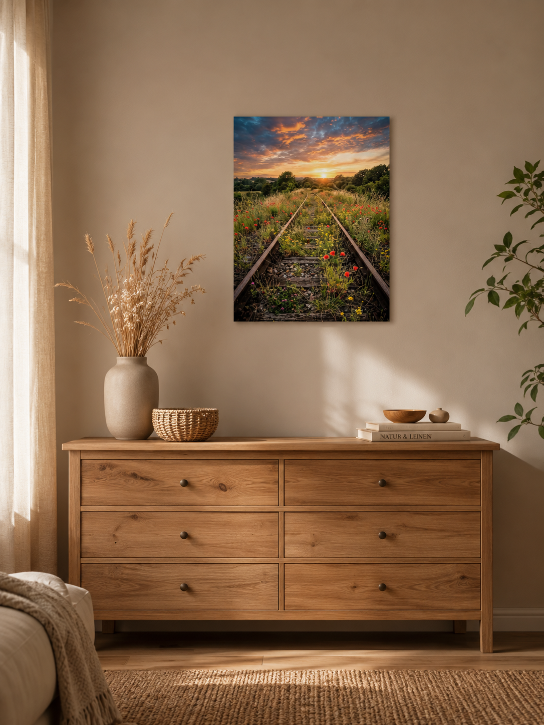 Alte überwucherte Bahngleise führen durch eine blühende Sommerwiese mit rotem Mohn und Wildblumen in einen leuchtenden Sonnenuntergang. Stimmungsvolle Landschaft mit dramatischem Abendhimmel als hochwertiges Wandbild.
