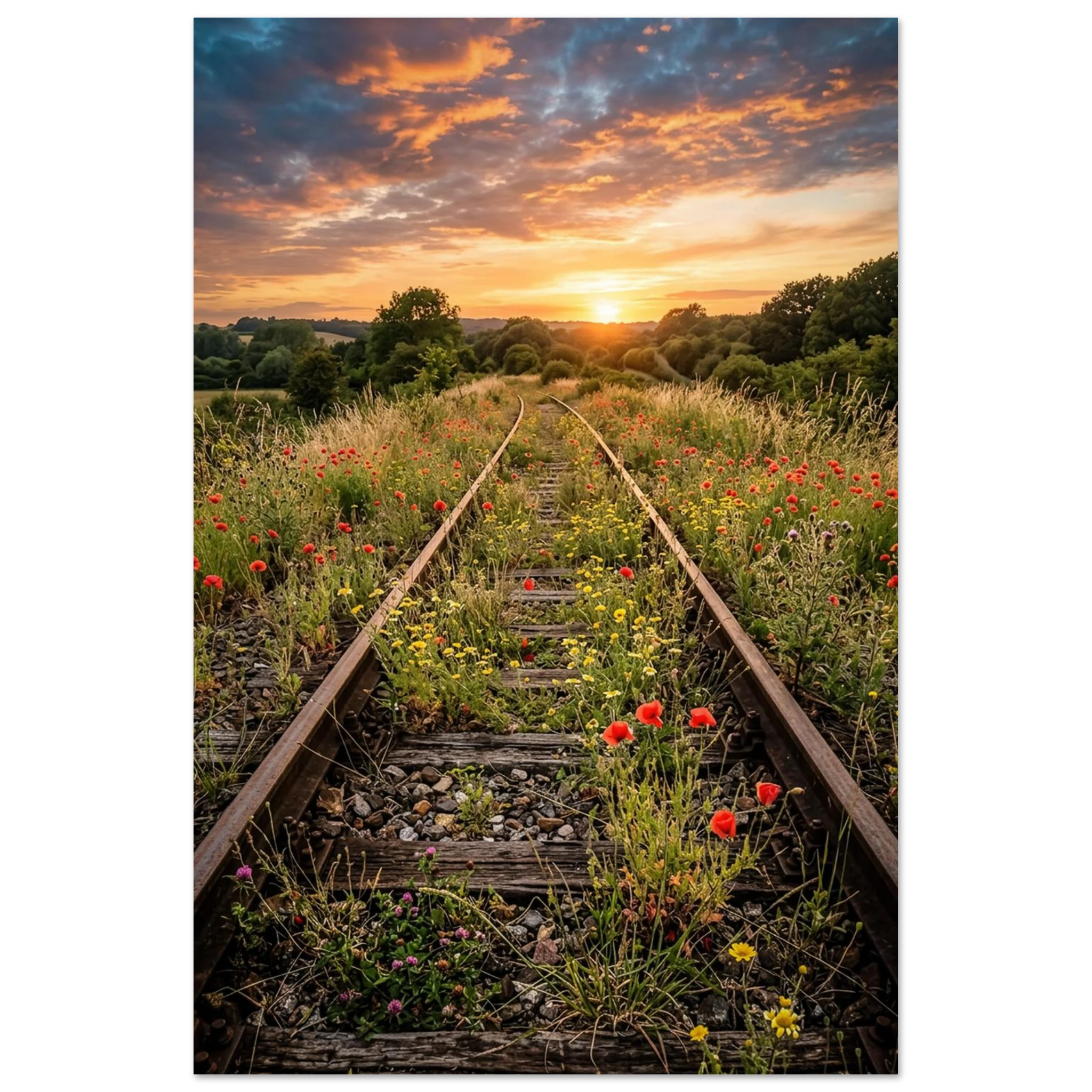 Alte überwucherte Bahngleise führen durch eine blühende Sommerwiese mit rotem Mohn und Wildblumen in einen leuchtenden Sonnenuntergang. Stimmungsvolle Landschaft mit dramatischem Abendhimmel als hochwertiges Wandbild.
