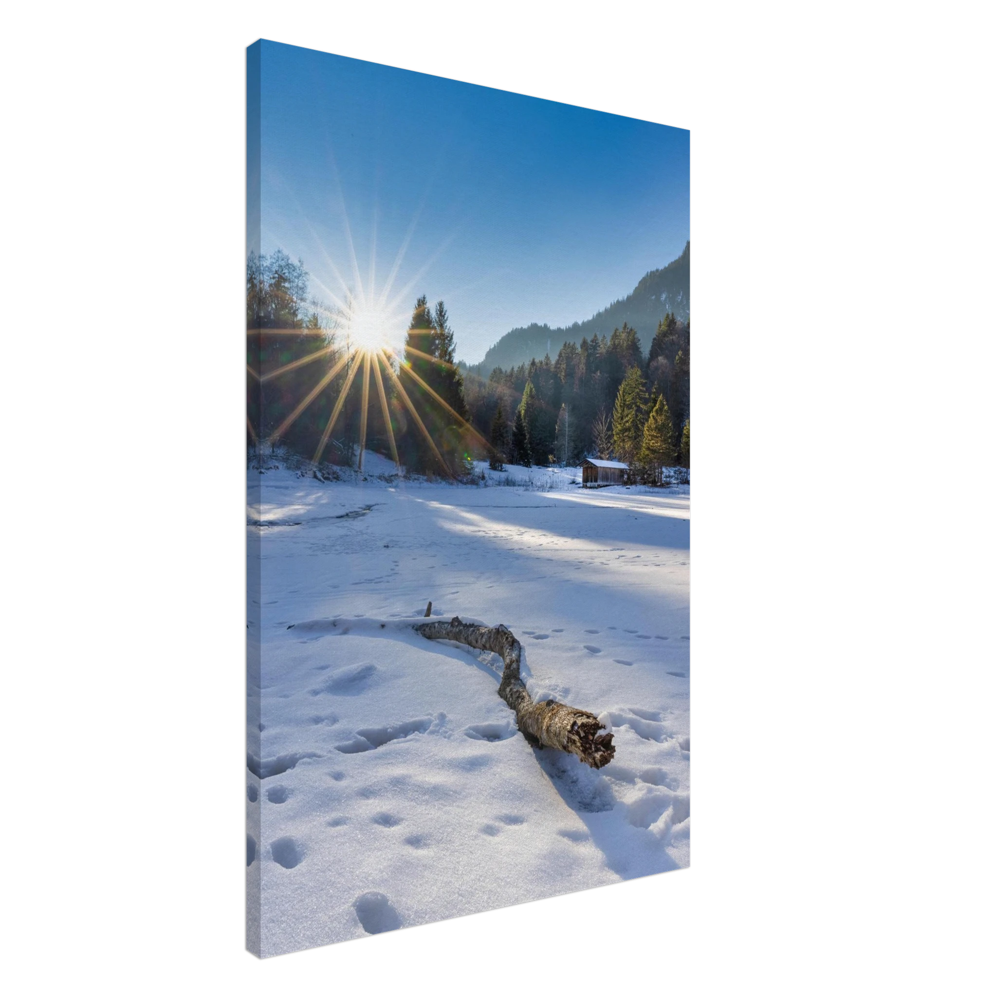 Winterliches Leinwandbild aus Garmisch-Partenkirchen mit strahlender Sonne über verschneiter Landschaft, vereistem Weiher, kleiner Holzhütte, Wald und Bergen im Hintergrund.