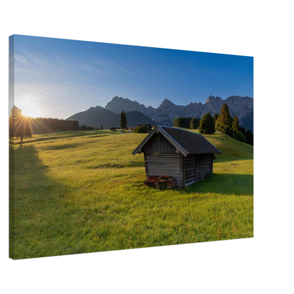 Leinwandbild Morgenlicht Karwendel – Holzhütte auf Buckelwiesen bei Krün, Sonnenaufgang, Karwendelgipfel
