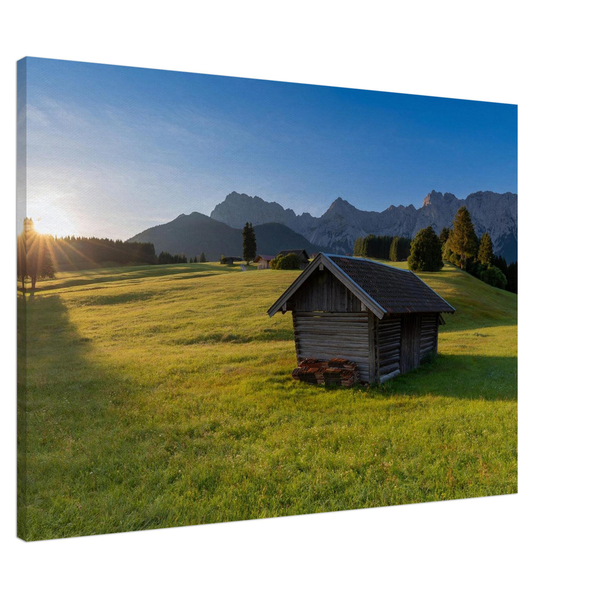 Leinwandbild Morgenlicht Karwendel – Holzhütte auf Buckelwiesen bei Krün, Sonnenaufgang, Karwendelgipfel
