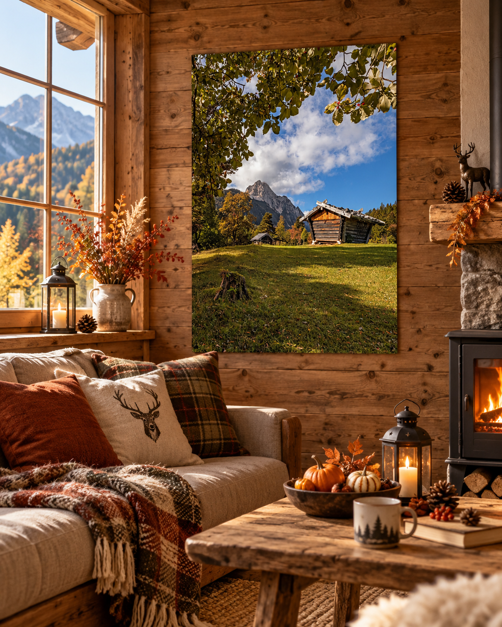 Herbstliche Berglandschaft mit urigen Holzhütten, grüner Wiese und beeindruckenden Alpengipfeln unter blauem Himmel. Das Naturfoto schmückt als Wandbild ein gemütliches Chalet mit warmem Holz, herbstlicher Dekoration und Kaminfeuer.