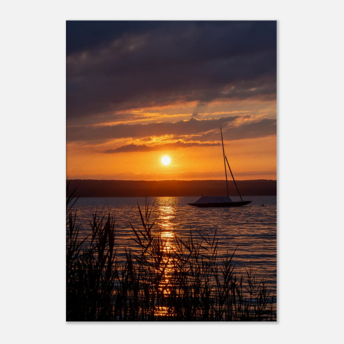Vertikales Leinwandbild mit einem leuchtenden Sommer-Sonnenuntergang am Ammersee in Bayern. Goldene und orangefarbene Lichtstimmungen spiegeln sich auf dem Wasser, während ein Segelboot ruhig auf dem See liegt und feines Schilf im Vordergrund die natürliche Atmosphäre abrundet.