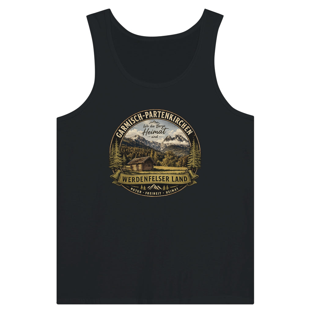 Schwarzes Unisex-Tanktop mit großem Vintage-Motiv „Werdenfelser Land“, Berglandschaft und Holzhütte aus der Werdenfels Collection by Christina Bauer.