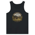 Schwarzes Unisex-Tanktop mit großem Vintage-Motiv „Werdenfelser Land“, Berglandschaft und Holzhütte aus der Werdenfels Collection by Christina Bauer.