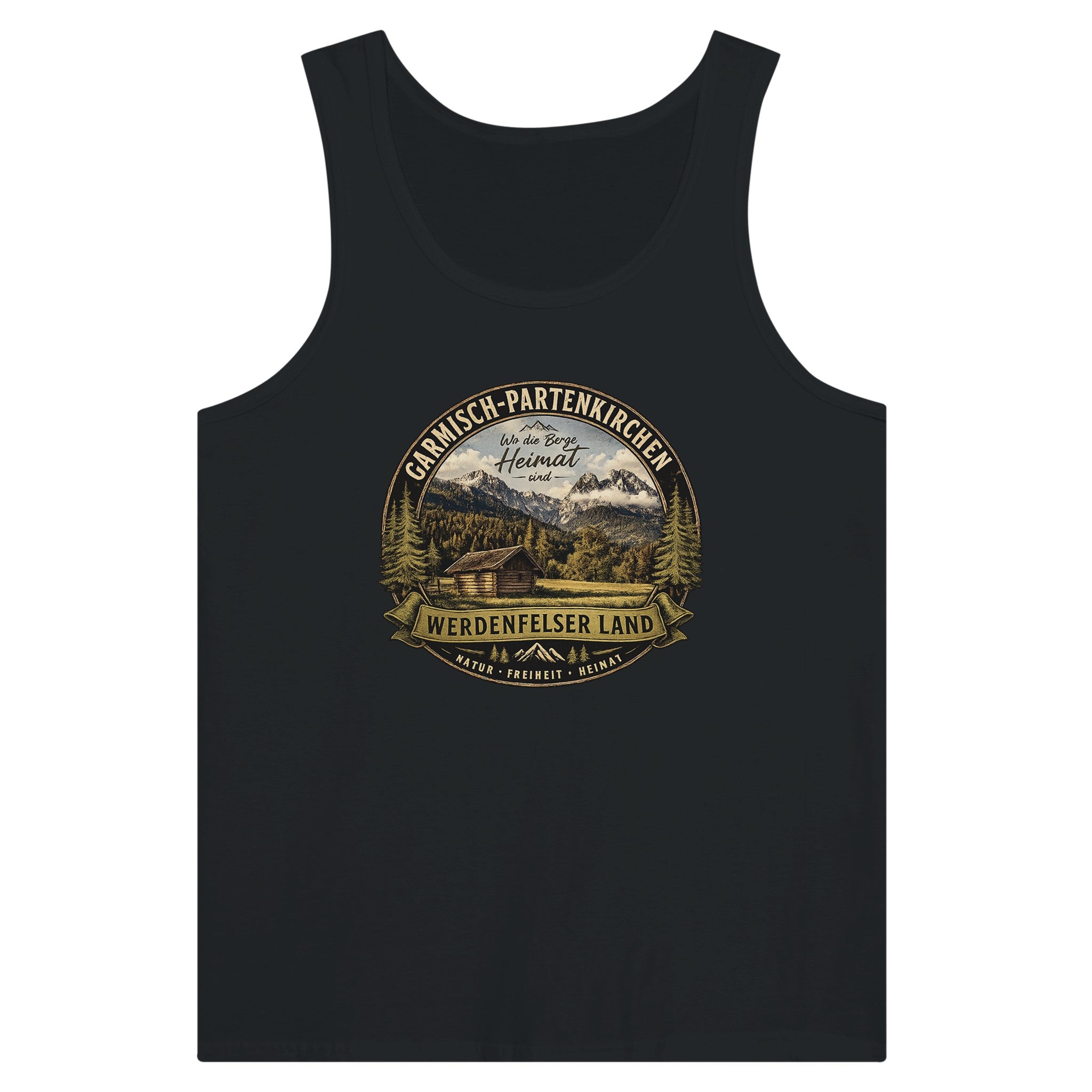 Schwarzes Unisex-Tanktop mit großem Vintage-Motiv „Werdenfelser Land“, Berglandschaft und Holzhütte aus der Werdenfels Collection by Christina Bauer.