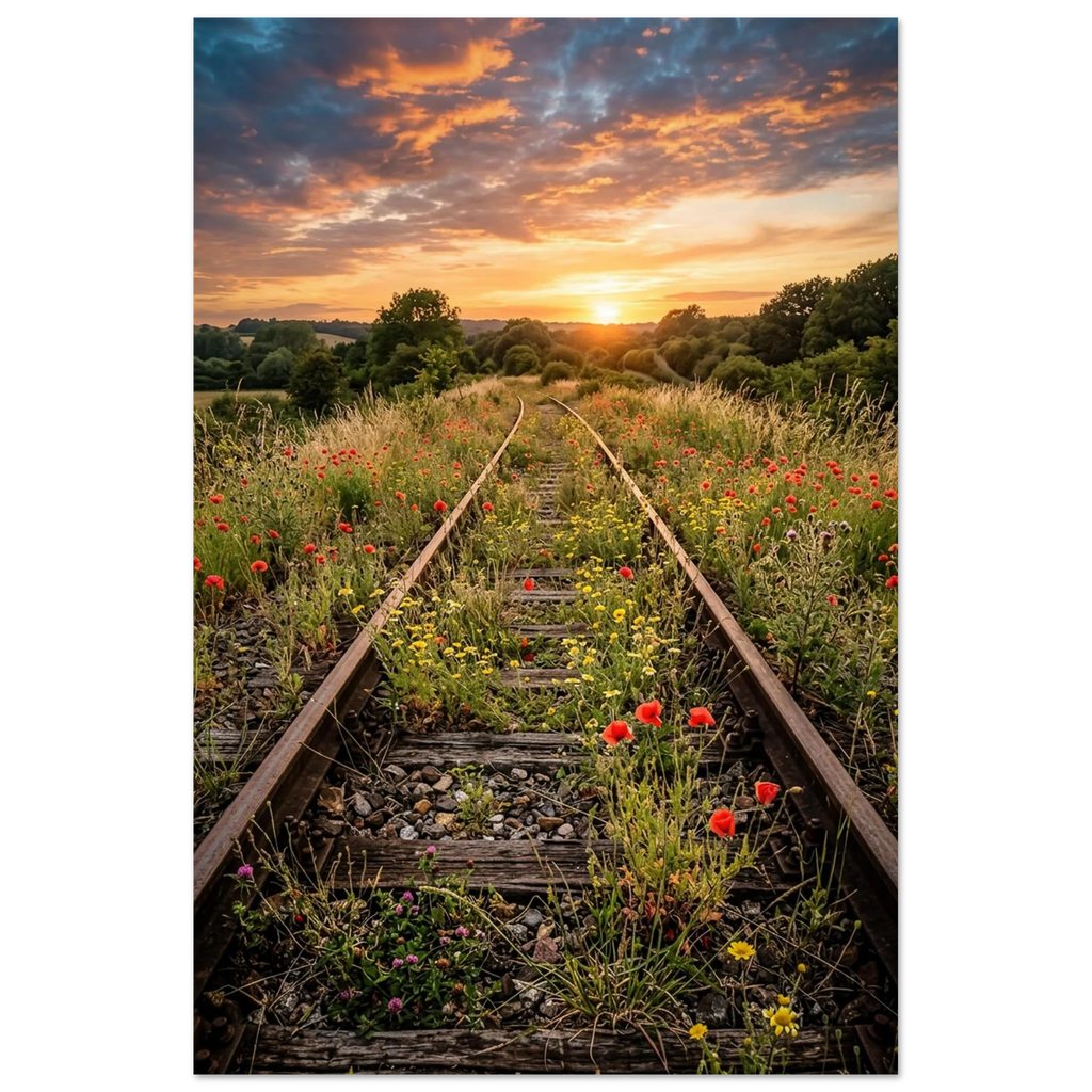 Alte überwucherte Bahngleise führen durch eine blühende Sommerwiese mit rotem Mohn und Wildblumen in einen leuchtenden Sonnenuntergang. Stimmungsvolle Landschaft mit dramatischem Abendhimmel als hochwertiges Wandbild.
