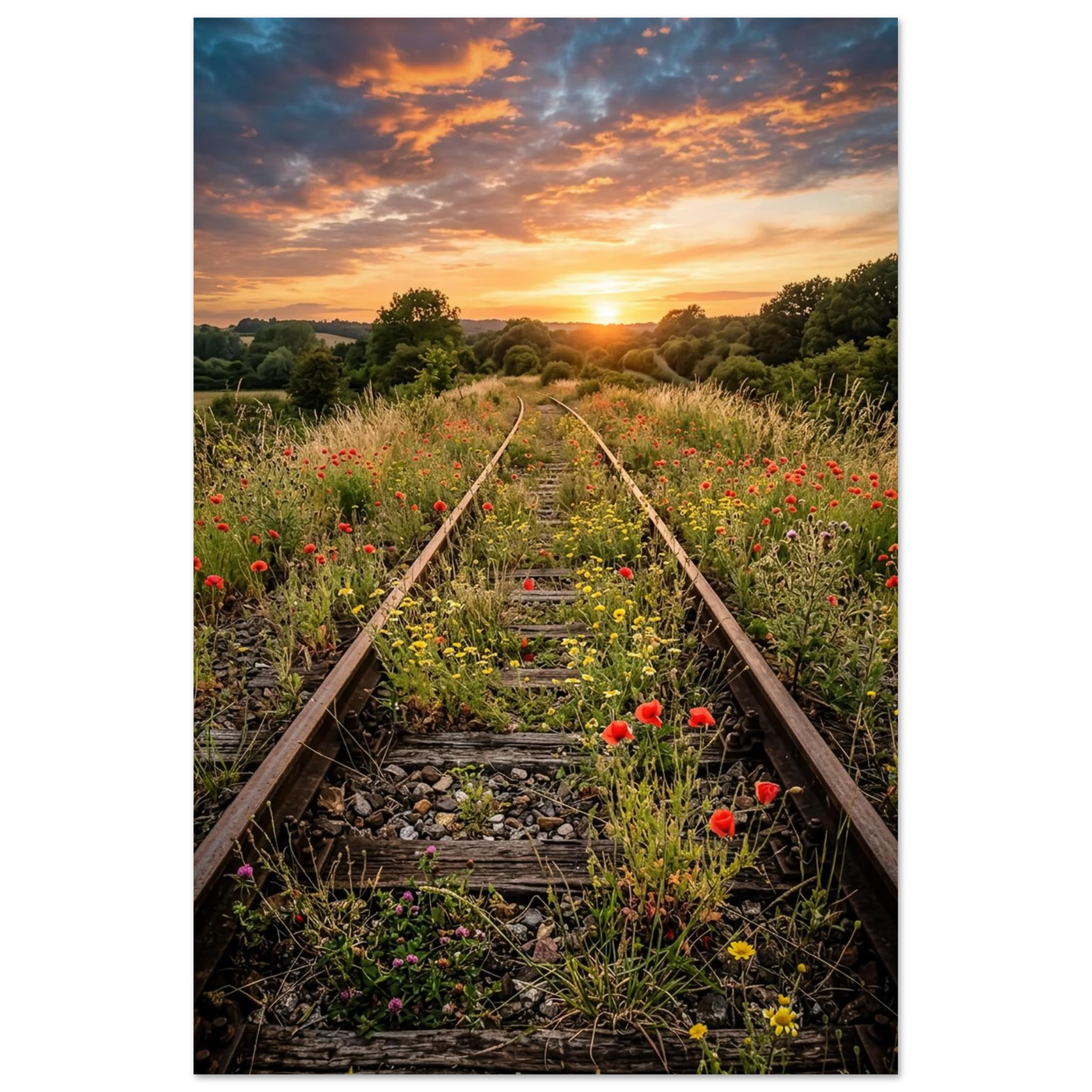 Alte überwucherte Bahngleise führen durch eine blühende Sommerwiese mit rotem Mohn und Wildblumen in einen leuchtenden Sonnenuntergang. Stimmungsvolle Landschaft mit dramatischem Abendhimmel als hochwertiges Wandbild.
