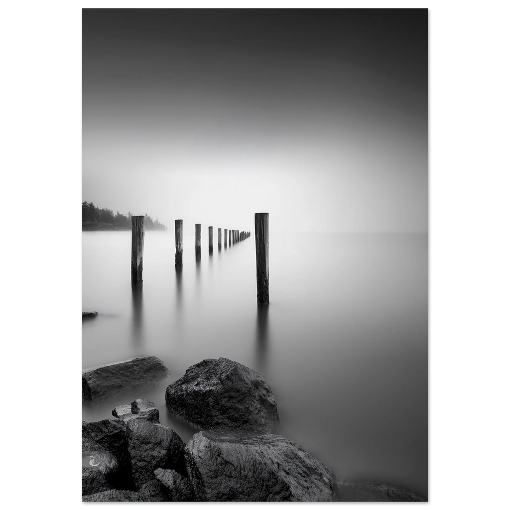 `Schwarzweiß Fine Art Poster "Stille am See im Nebel" – verwitterte Holzpfähle im Seenebel, Premium Mattepapier, Christina Bauer Photos`
