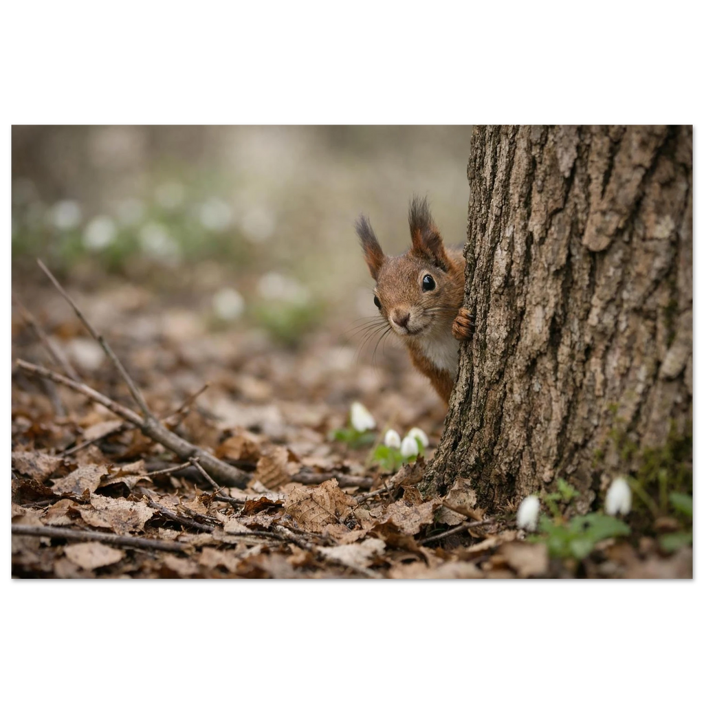 Neugieriges Eichhörnchen blickt hinter einem Baumstamm hervor, umgeben von trockenem Laub und weißen Schneeglöckchen im weichen Frühlingslicht des Waldes.