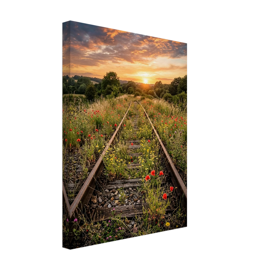 Leinwandbild, alte verlassene Bahngleise im Sonnenuntergang