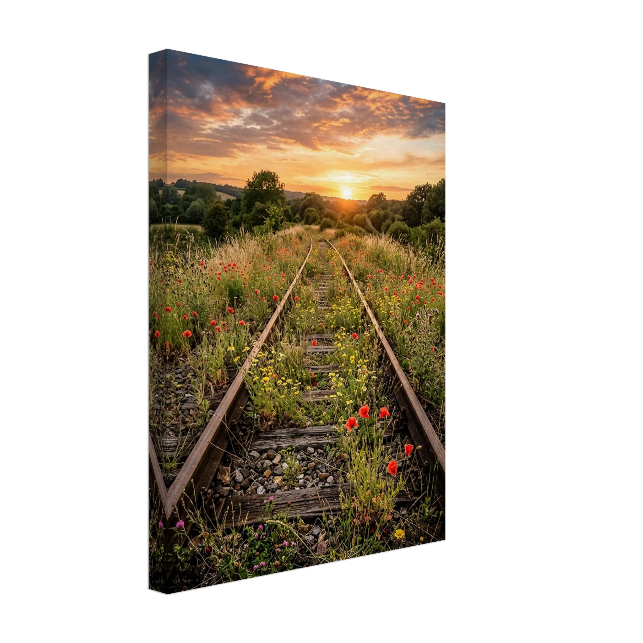 Leinwandbild, alte verlassene Bahngleise im Sonnenuntergang
