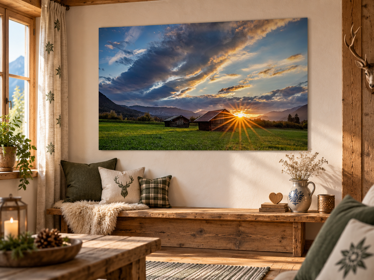 rustikales Holz, gemütliches Ambiente in einem Wohnraum mit Wandbild eines Sonnenuntergangs mit Blick auf das Wettersteingebirge. Besonders schöne Wolkenstimmung und Sonnenstern .