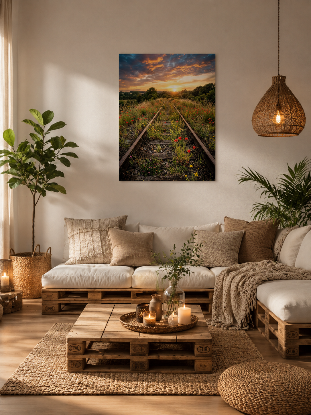 Alte überwucherte Bahngleise führen durch eine blühende Sommerwiese mit rotem Mohn und Wildblumen in einen leuchtenden Sonnenuntergang. Stimmungsvolle Landschaft mit dramatischem Abendhimmel als hochwertiges Wandbild.
